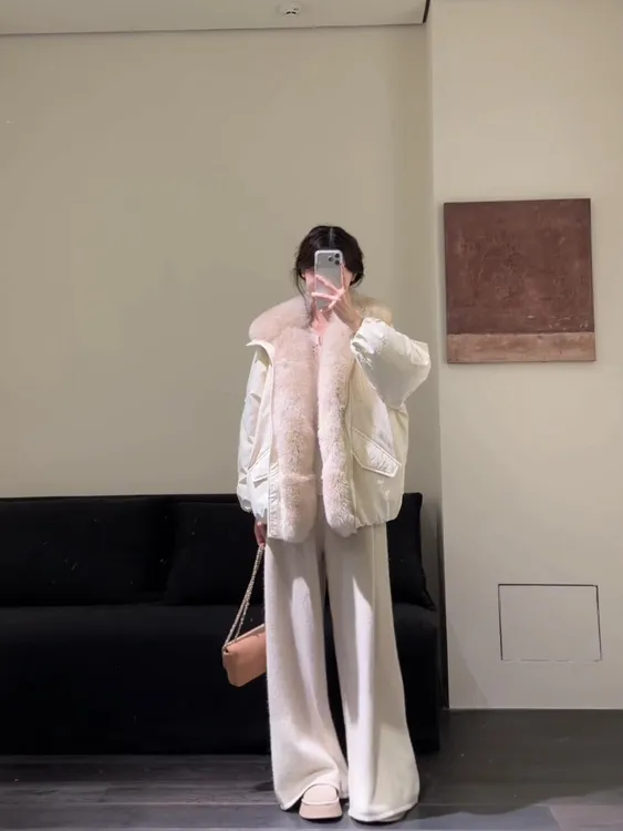 秋冬穿搭一整套韩系加绒加厚大毛领保暖夹克外套搭配休闲裤两件套