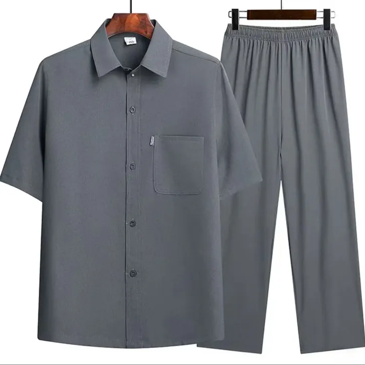 【两件套】男士短袖衬衫领上衣宽松舒适夏季短袖长裤休闲装A