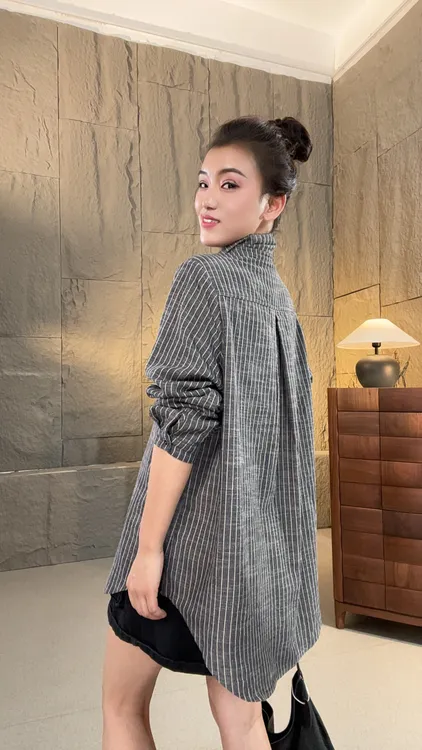 素格【996】显瘦新款文艺宽松休闲百搭时尚条纹长袖衬衫上衣女