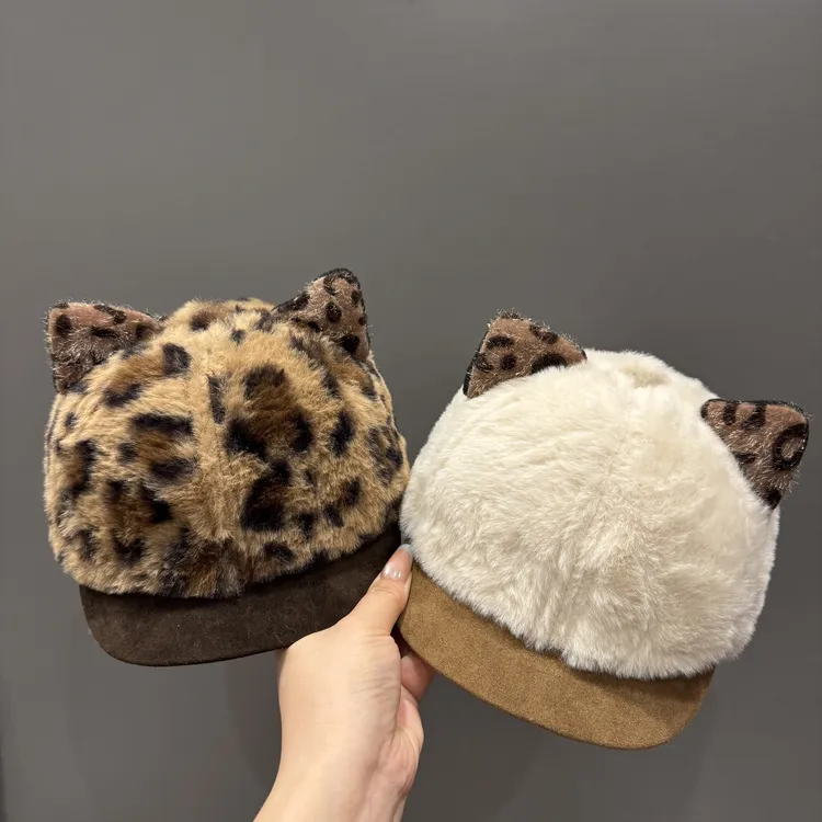 MIDIXIN/米迪昕儿童欧美风豹纹鸭舌帽冬天毛绒猫耳朵加厚棒球帽子