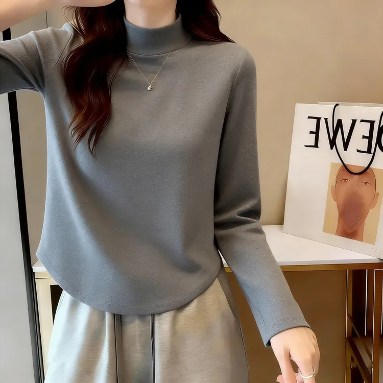 灰色加绒长袖打底衫女内搭2025秋冬新款半高领显瘦吊带爆款上衣服