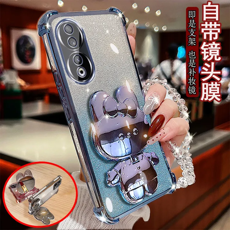 适用荣耀90手机壳REA-AN00闪粉四角气囊兔子支架镜防摔套奢华