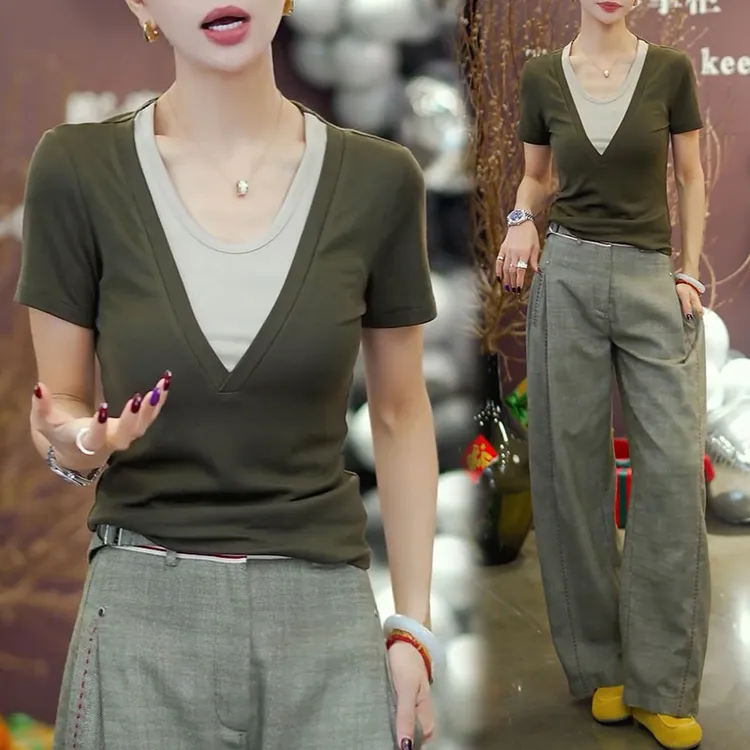 韩版时尚套装女2025年夏季新款假两件T恤配休闲阔腿裤子两件套潮