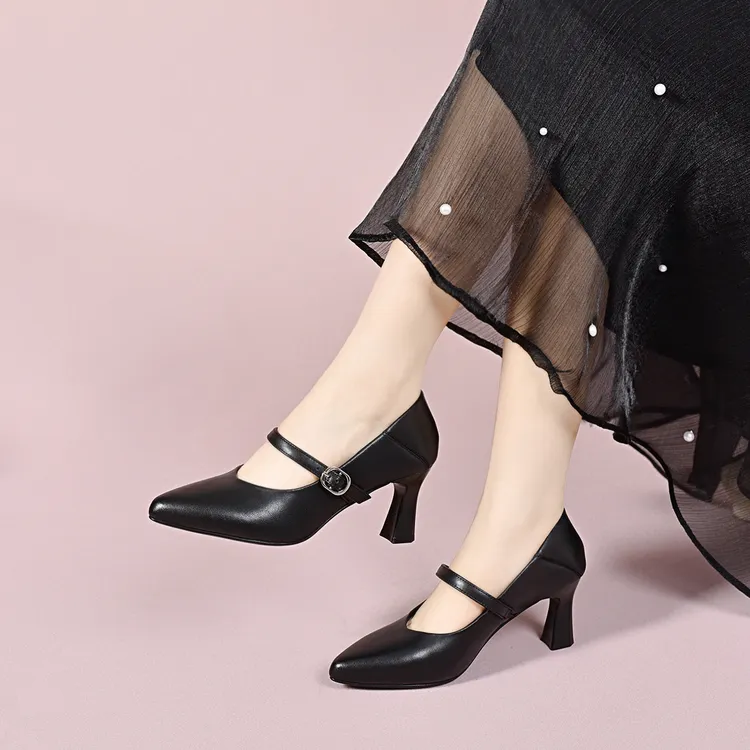浅口粗跟尖头法式修面皮高跟单鞋春季跟鞋夏季中跟开春单鞋xy1316