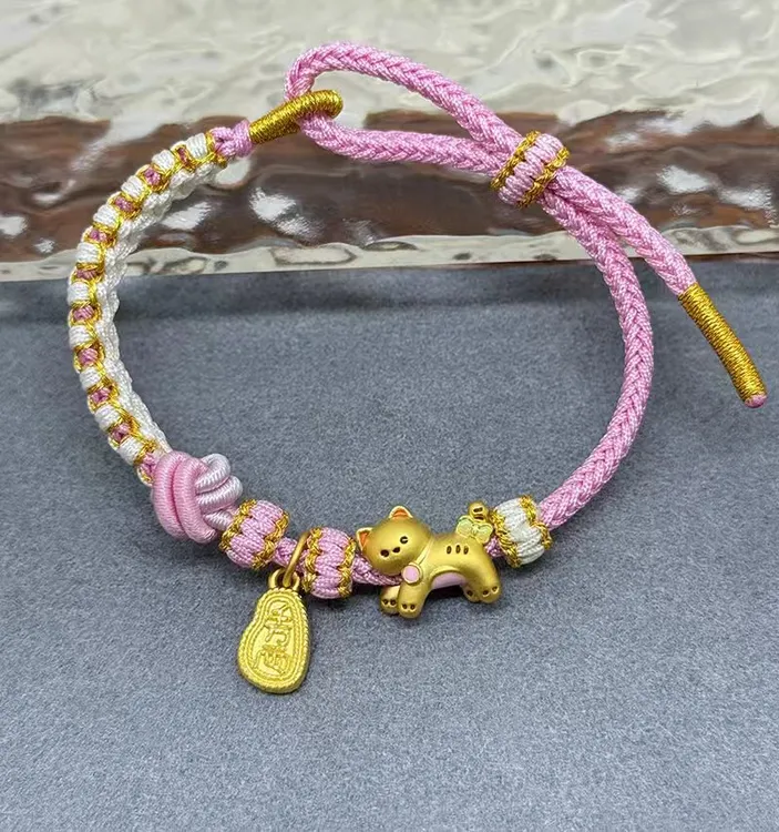 黄金俏皮蝴蝶结kt猫转运珠手串999足金桃花编绳女朋友情人节礼物