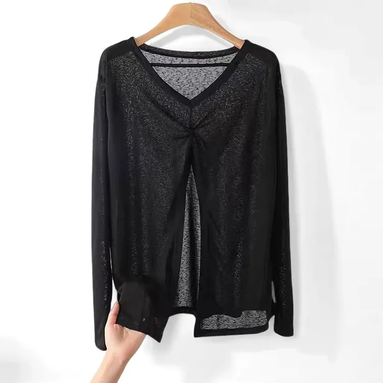 薄款V领长袖防晒衣女夏季2025爆款修身微透防晒外搭上衣YQ00042