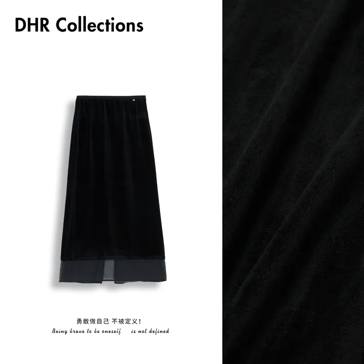 豆豆6【丝绒裙】欧若风网纱拼接休闲风A字开叉半身裙女-DQ6102