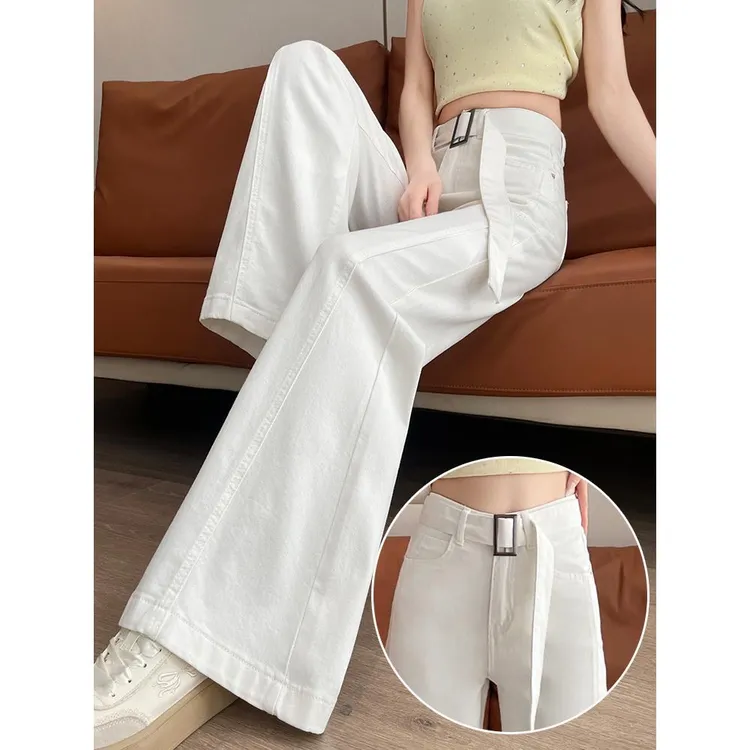 月光白阔腿喇叭牛仔裤女2025夏季宽松粗腿显瘦遮胯小个子白色裤子