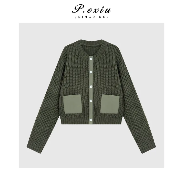 韩系简约撞色拼接慵懒风宽松圆领长袖针织开衫Q78913