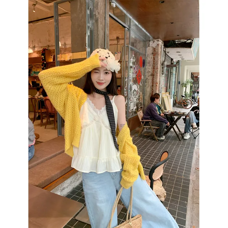 大码胖mm休闲甜妹套装蕾丝花边吊带背心女春季长袖针织开衫两件套