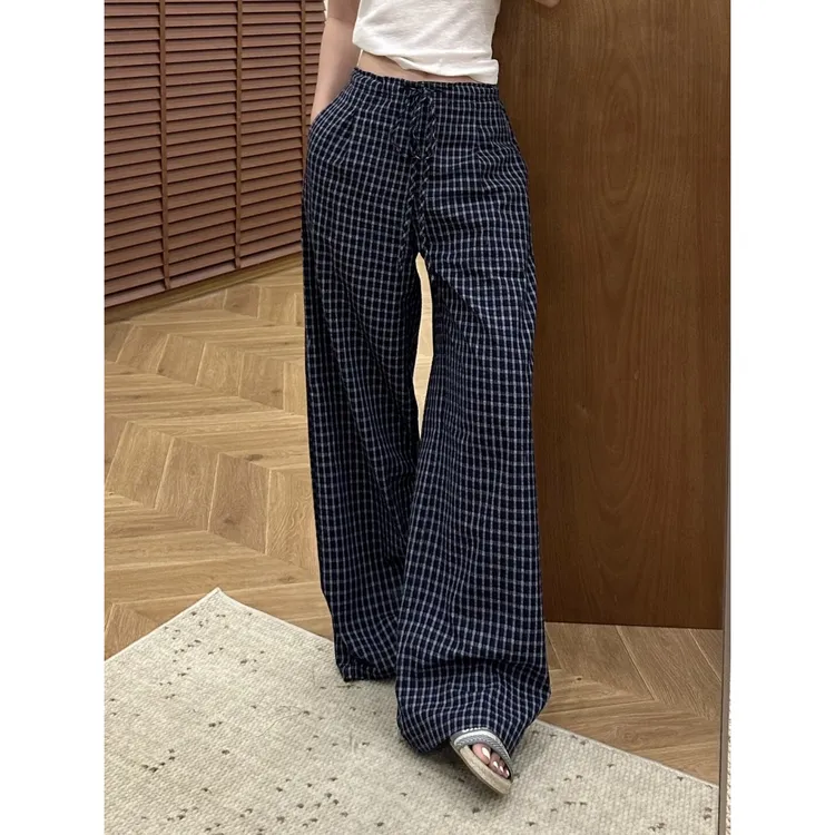 La Chapelle/拉夏贝尔蓝色格纹阔腿休闲裤女夏季低腰宽松裤运动