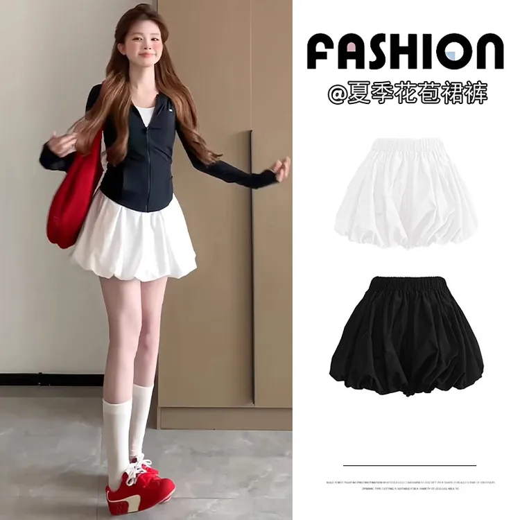 白色花苞短裙女夏薄款2025新款高腰遮肉显瘦a字小个子蓬蓬半身裙