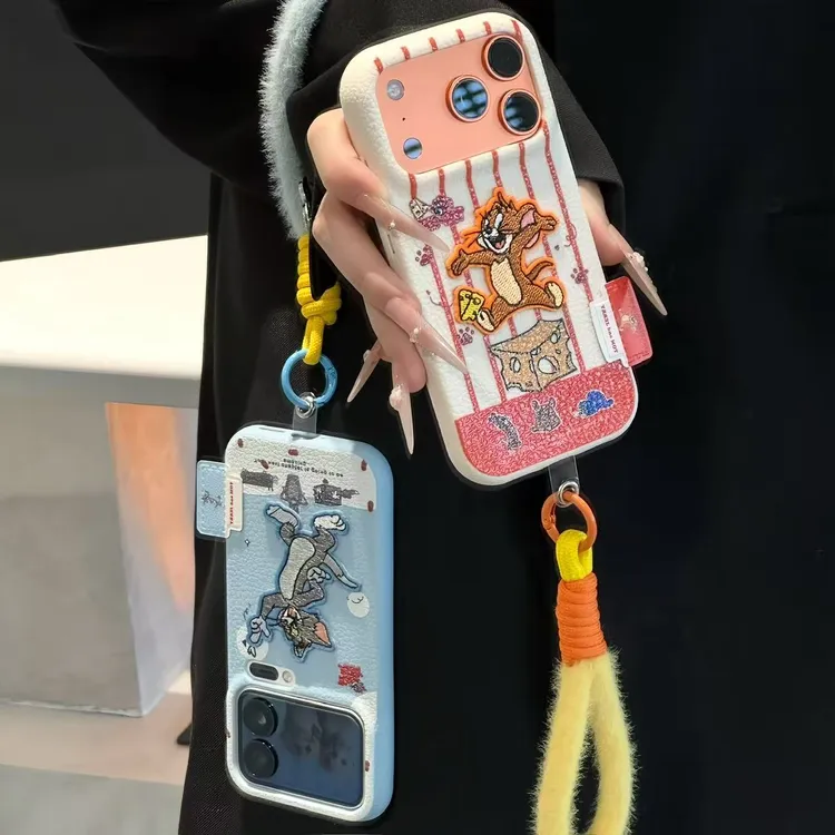 猫和老鼠刺绣贴挂绳适用苹果17/16promax手机壳华为vivoppo小米15
