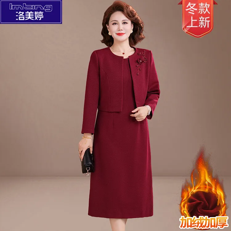 冬季妈妈婚宴礼服高贵年轻加绒加厚连衣裙中老年女装喜婆婆结婚装