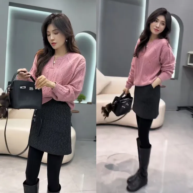 今年流行一整套2025年秋冬新款简约减龄韩系针织上衣短裙两件套装
