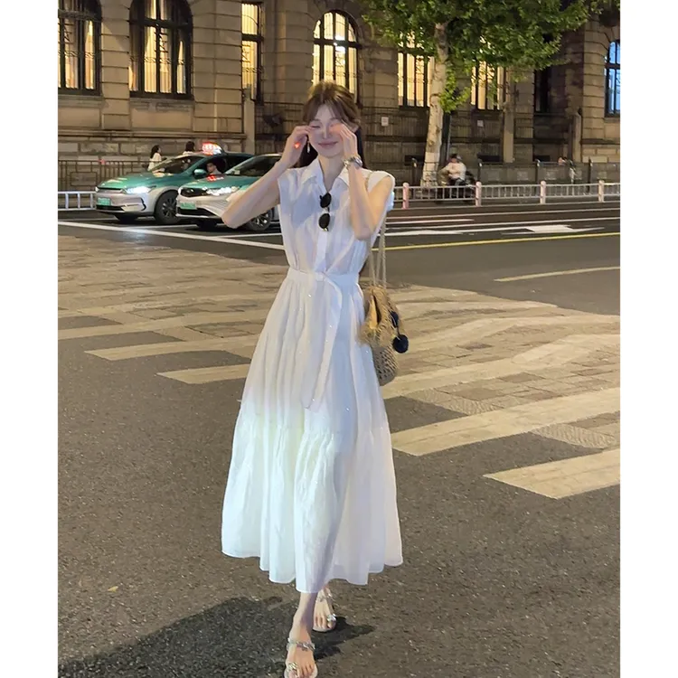 2025夏季新款收腰显瘦设计感衬衫长裙韩系白色高级感无袖连衣裙女