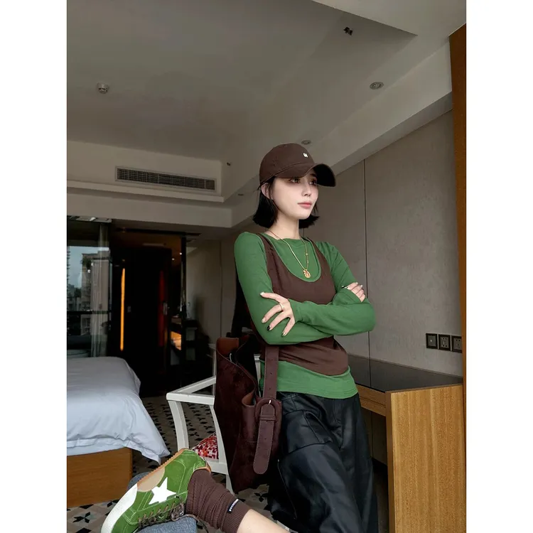 欧洲站2025早秋款叠穿撞色真两件长袖T恤女时尚洋气修身显瘦上衣