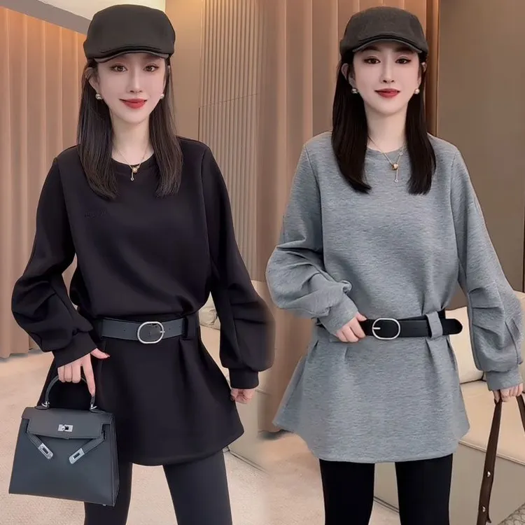 秋季圆领长袖腰带裙子简约收腰纯色显瘦气质休闲百搭连衣裙