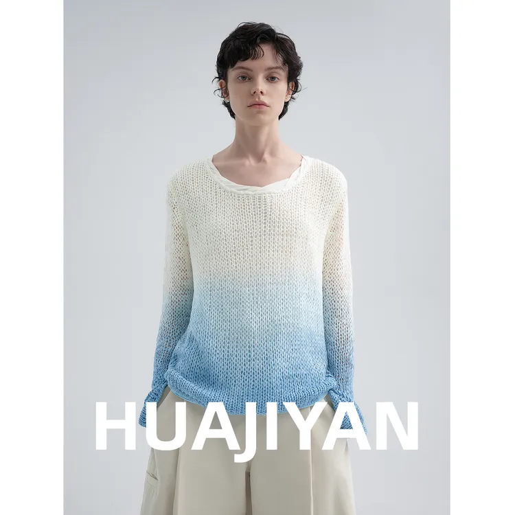 华吉言/HUAJIYAN【雾海】定制扭扭纱线拼缝工艺吊染长袖上衣