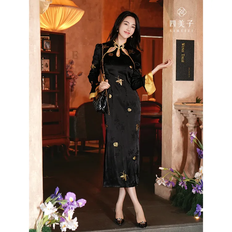 四美子【花蝶谣】秋季长袖旗袍新中式镂空提花旗袍裙显瘦少女旗袍