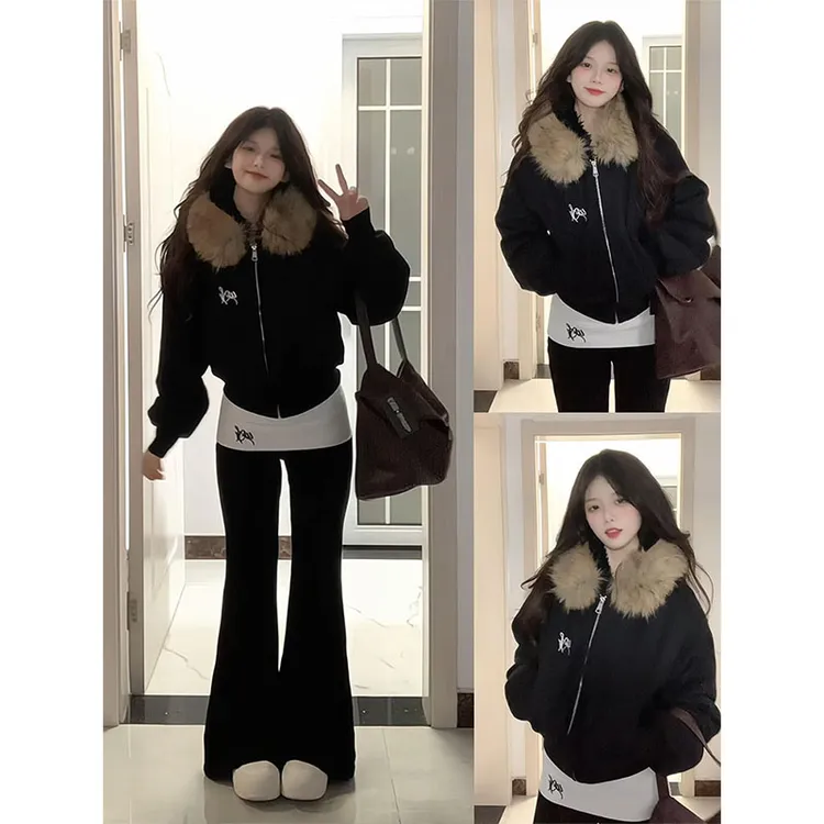 parkyeon美式复古连帽大毛领短款卫衣外套女时髦洋气微喇裤套装