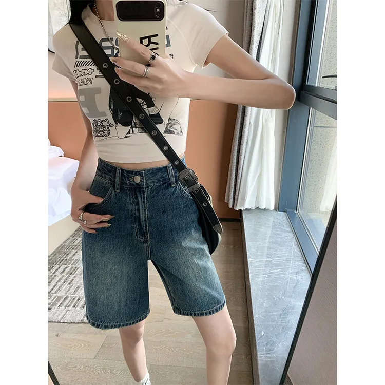 2025年夏季薄款复古蓝牛仔短裤女五分裤直筒宽松高腰显瘦百搭中裤
