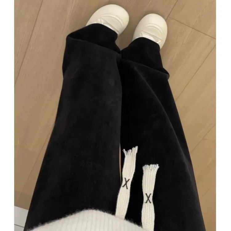 黑色阔腿裤女2025新款春秋款高腰休闲窄版直筒裤小个子灯芯绒裤子