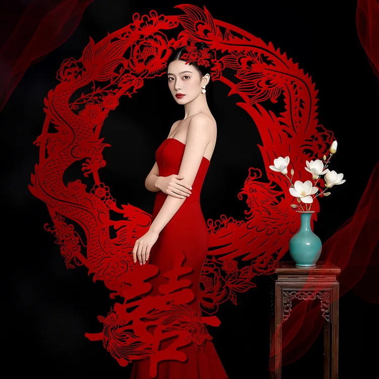 中式植绒喜字剪纸婚房布置装饰婚礼结婚新娘晨袍订婚龙凤拍照道具商品图