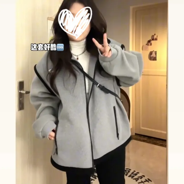 美式高级感毛呢外套女秋冬潮牌韩系设计感小众宽松拼接棒球服