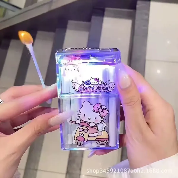 【网红爆款】ins凯蒂猫透明烟盒打火机一体20支装大容量装卡通图