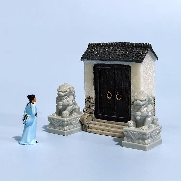 微缩仿真迷你中式大门牌楼门楼石狮子模型小摆件微景观沙盘装饰品