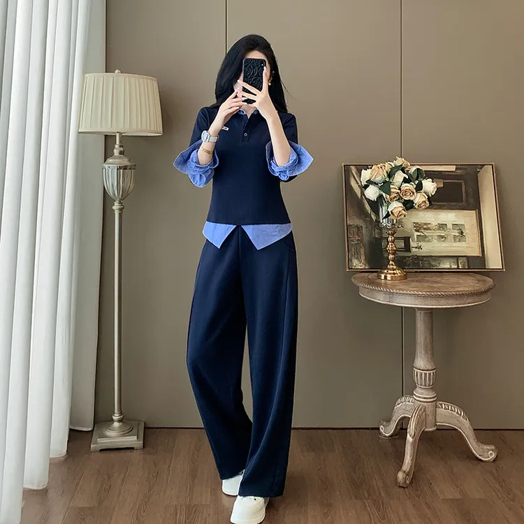 时尚休闲套装女春秋2025新款宽松显瘦气质藏青色假两件卫衣两件套