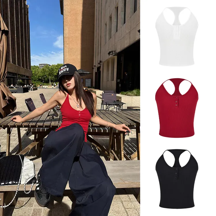 Moses Queen/魔西女王百搭挂脖纽扣修身吊带背心女夏纯欲气质上衣