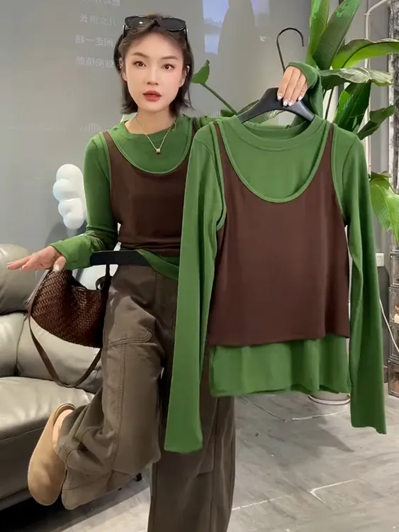 2025超火穿搭一整套简约百搭轻奢高级感绿色长袖吊带两件套女秋季