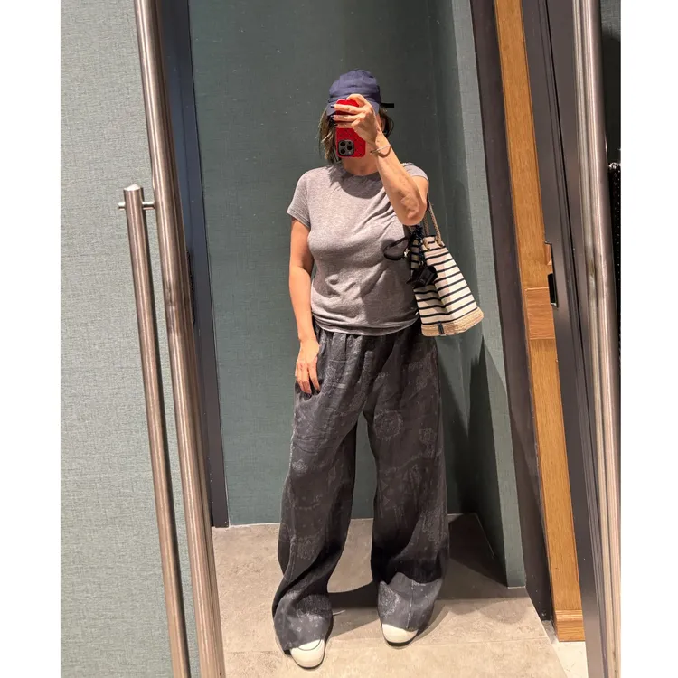 COCOLINDA100%亚麻藏青花纹松紧老钱大廓形慵懒休闲裤P2847