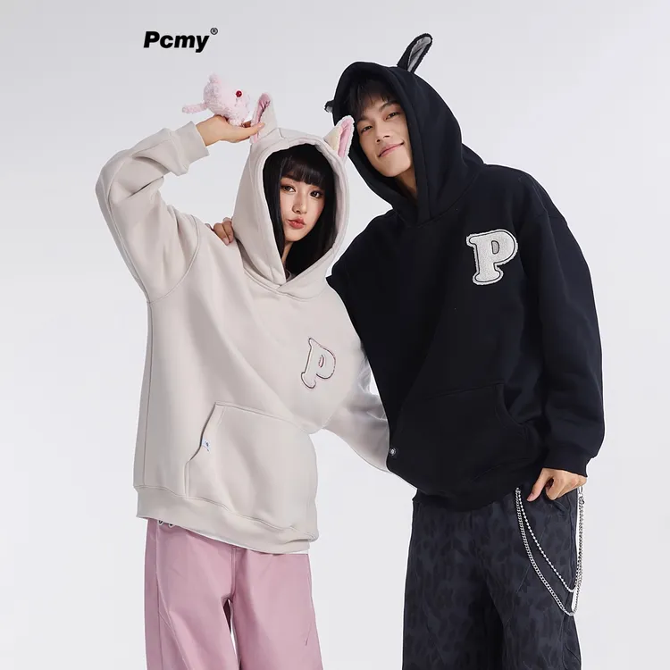 PCMY潮牌刺绣字母可爱猫耳朵连帽卫衣加绒情侣装宽松休闲长袖外套