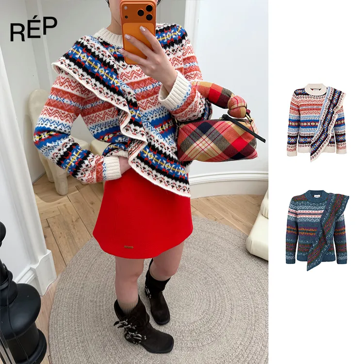 REP-ANTIK BATIK设计师品牌红/绿色花纹针织搭片上衣 25FW新品