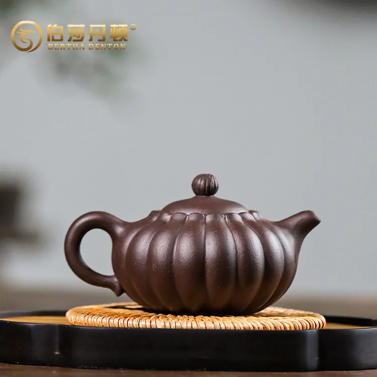 BERTHA DENTON/伯莎丹顿正品宜兴名家手工紫砂壶紫泥菊花锦囊茶壶