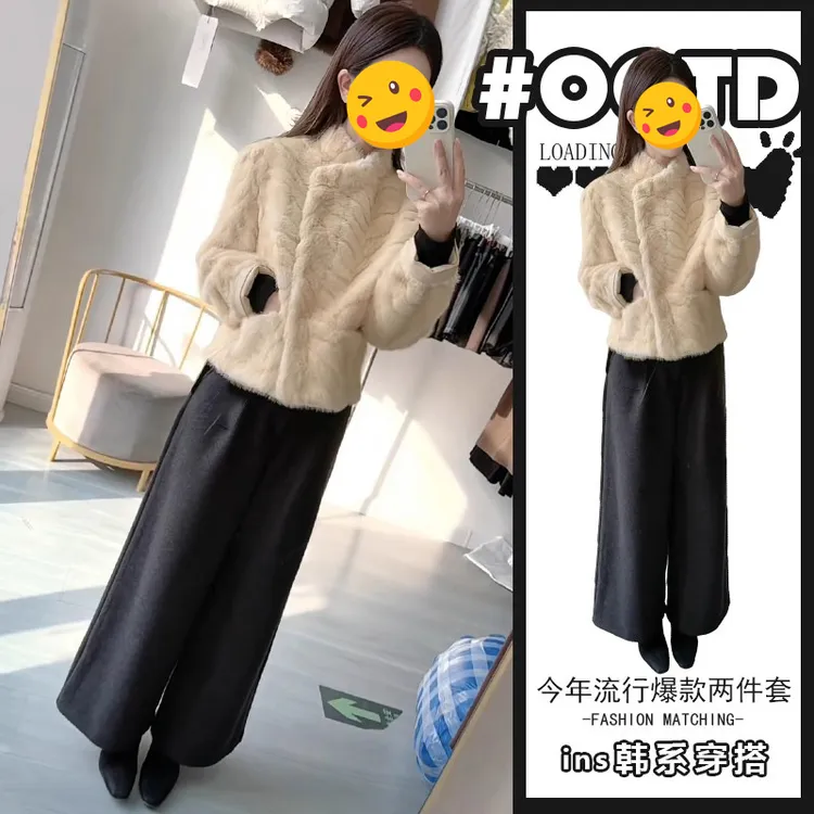 阔腿裤宽松加绒ins韩系套装显瘦高腰时尚休闲外穿加厚网红长裤保