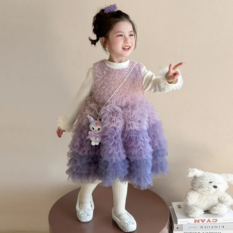 女童连衣裙套装秋冬儿童加绒打底衫宝宝韩系礼服公主裙网纱蛋糕裙