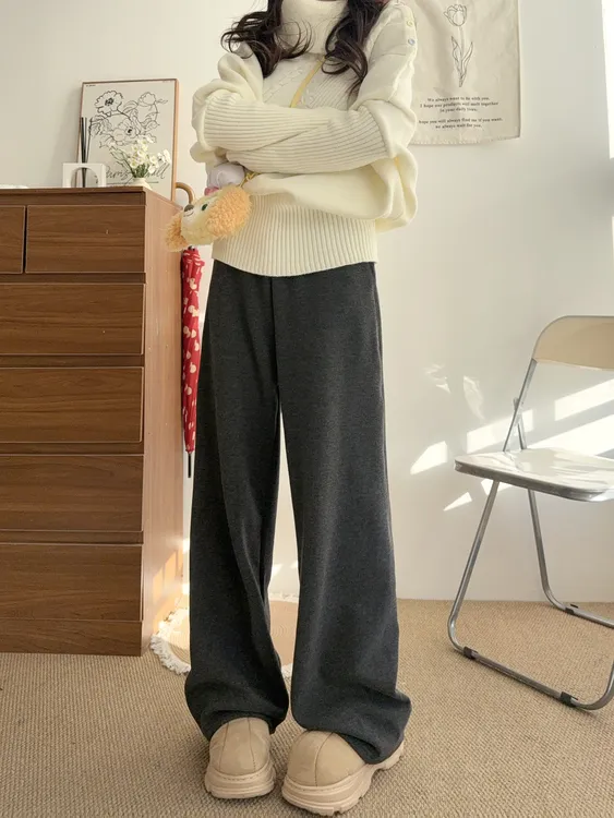 加加树【加绒糯米毛巾裤】2025冬季有口袋松紧弹力垂感直筒裤