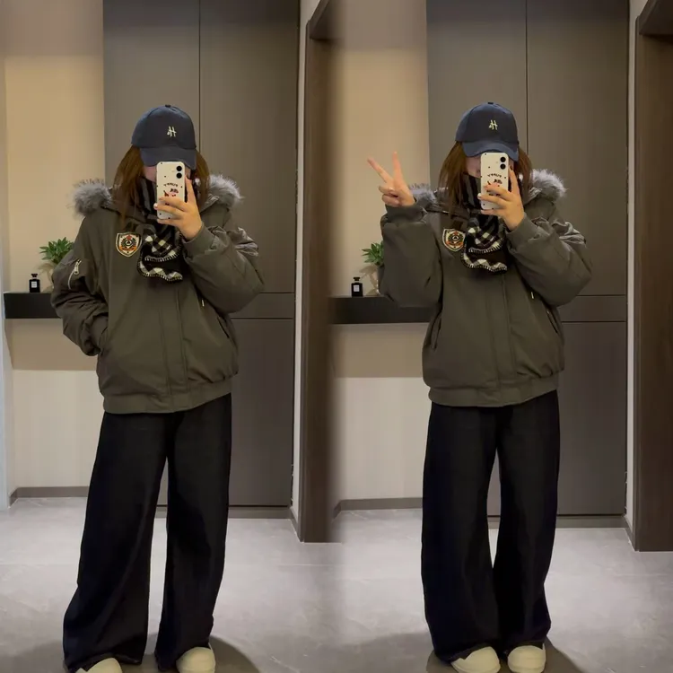 新款韩系慵懒风工装过冬派克棉服大码连帽毛领外套