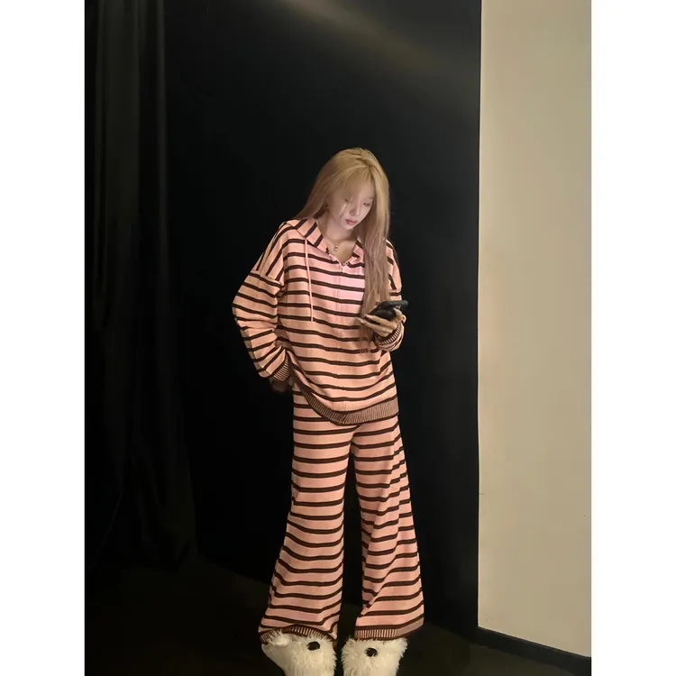 秋冬款慵懒风复古条纹连帽针织毛衣拉链外套睡衣女长裤家居服套装