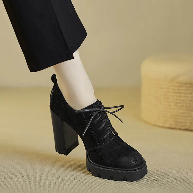 小个子手工女鞋11cm~高跟粗跟单鞋圆头防水台系带舒适小皮鞋新款