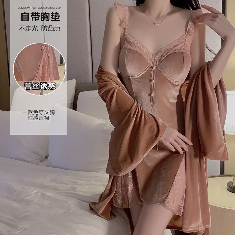 絮喃【纳斯】甜美顺滑丝绒内衣性感大码深V加胸垫睡裙外袍家居套装