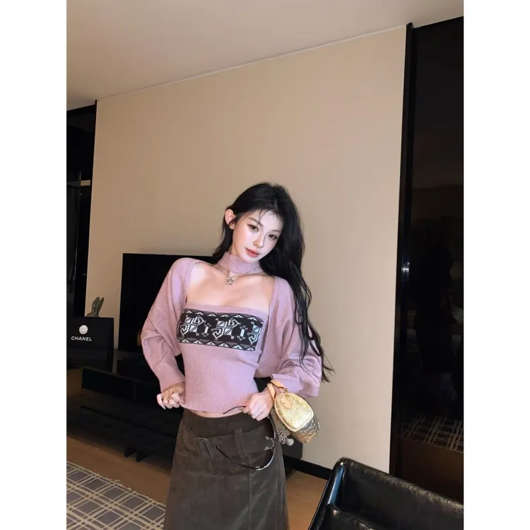 韩系秋冬季穿搭费尔岛围脖抹胸开衫长袖上衣外套高腰直筒半身长裙