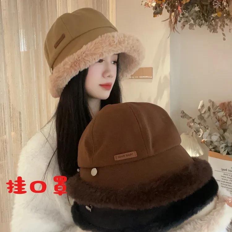 秋冬加厚毛绒渔夫帽子女户外保暖东北防寒冷帽显脸小加绒遮脸盆帽