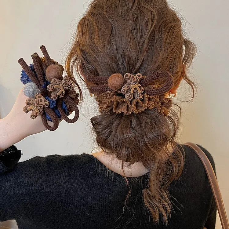 秋冬豹纹小熊发圈毛球大肠高级皮筋感低花盘马尾丸子头绳发绳秋