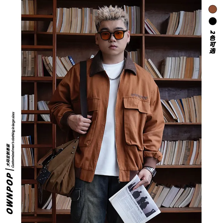 OWNPOP大码男装美式复古飞行员夹克春秋季宽松翻领工装外套8330