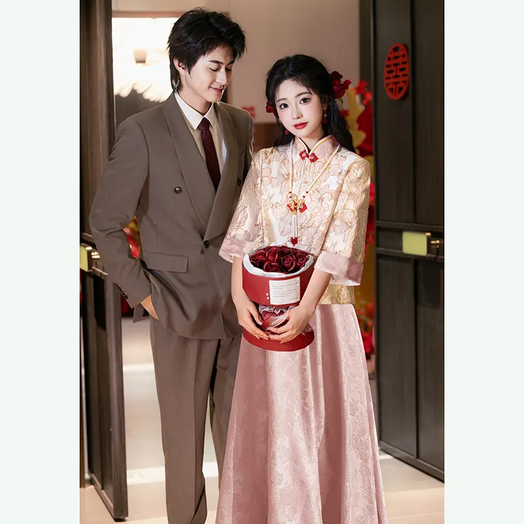 结婚礼服新娘装敬酒服新中式粉色孕妇旗袍套装订婚裙大码胖mm高腰
